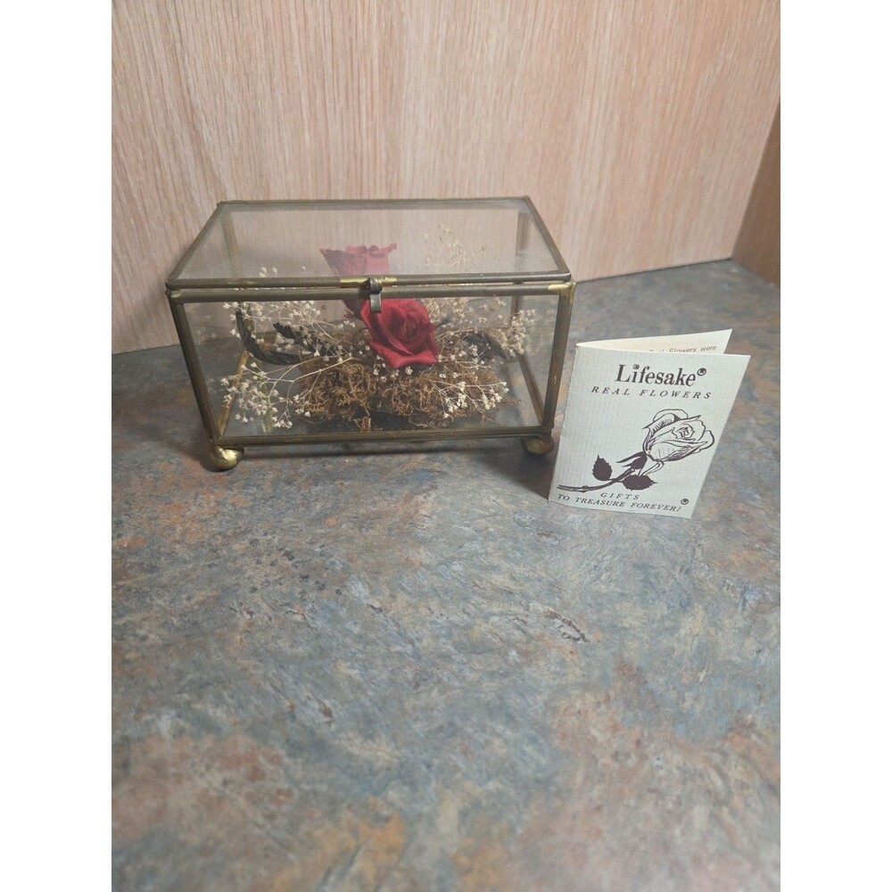 Vintage Brass Glass Display Box w/ Lid Corsage Flower Preserve